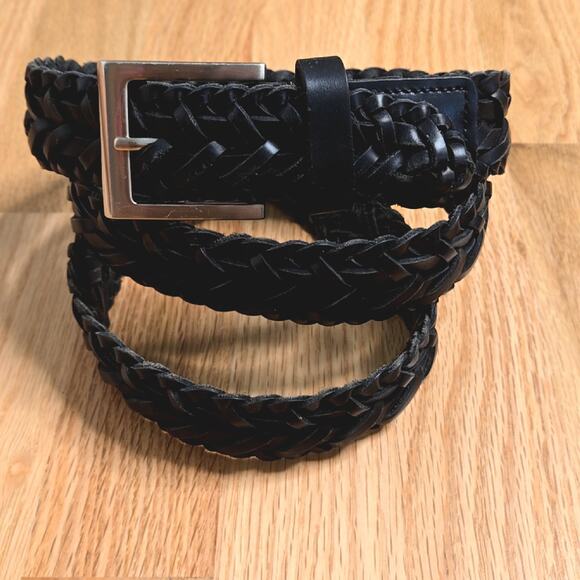 Black Leather Braided Belt Silver toned buckle -size XL